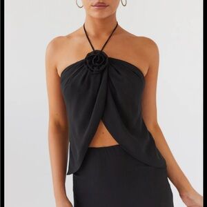 Peppermayo Black Halter Top with Floral Accent